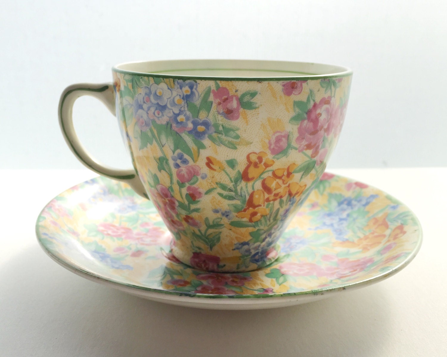 Vintage English Chintz Teacup Saucer Sampson Smith Old Royal English Bone China All Over Floral Chintz Pattern