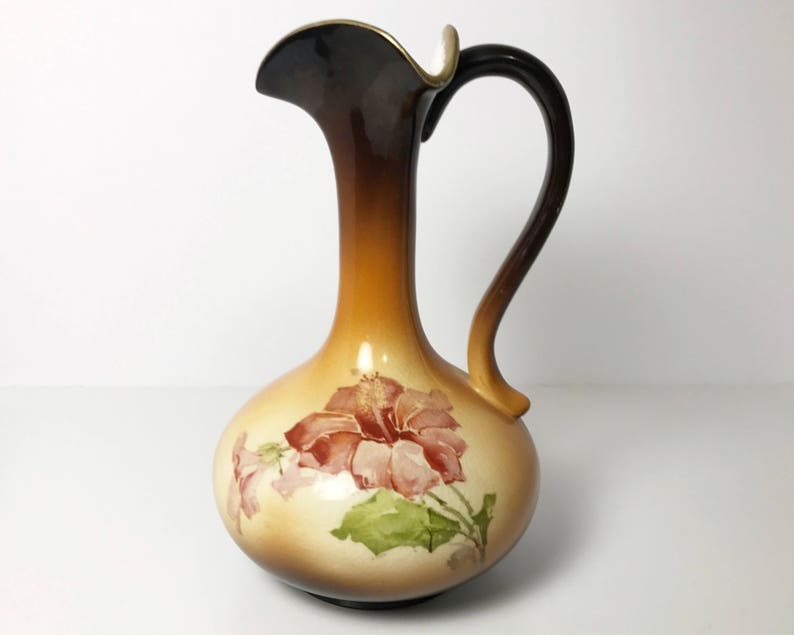 IOGA Warwick A27 Antique Brown Long Neck Handled Pitcher Vase with Hibiscus Flower Decal Warwick China Wheeling West Virginia
