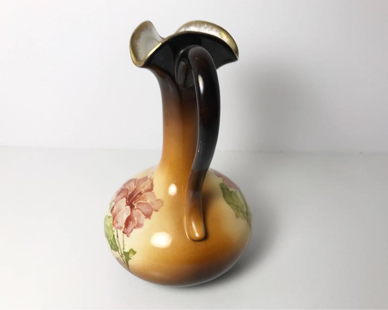 IOGA Warwick A27 Antique Brown Long Neck Handled Pitcher Vase with Hibiscus Flower Decal Warwick China Wheeling West Virginia