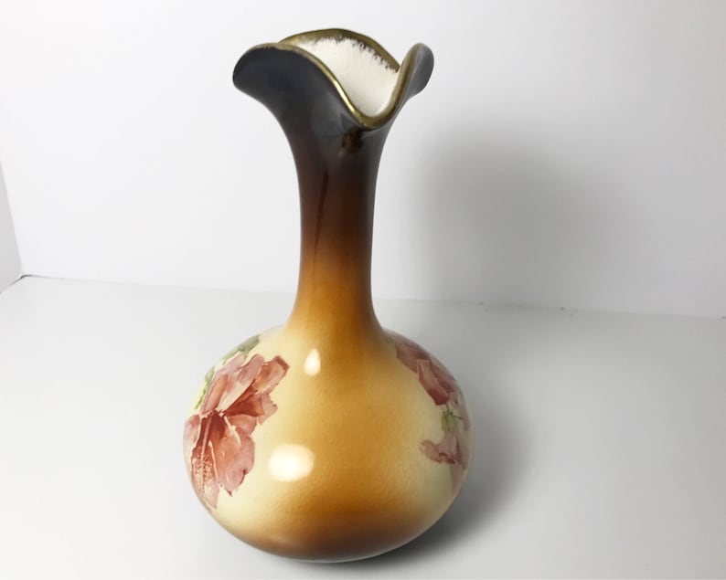 IOGA Warwick A27 Antique Brown Long Neck Handled Pitcher Vase with Hibiscus Flower Decal Warwick China Wheeling West Virginia