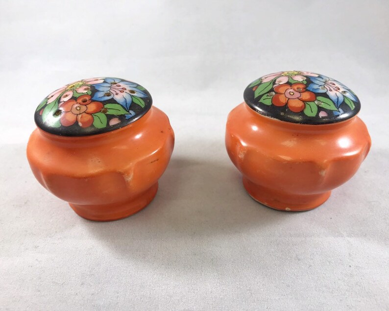 Vintage Orange Salt and Pepper Shakers with Flowers Made in Etsy