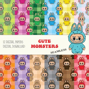 May include: Digital paper set featuring cartoon monsters in various colors, including blue, green, pink, and yellow. The image includes the text "Cute Monsters" and "Seamless". The digital download includes 12 digital papers.