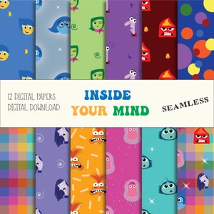 Puede incluir: Doce papeles digitales con personajes de la película Del revés. Los papeles son sin costuras e incluyen varios patrones con diferentes colores, incluyendo azul, verde, morado, rojo, naranja, rosa y amarillo. El texto "Inside Your Mind" aparece en el centro de la imagen.