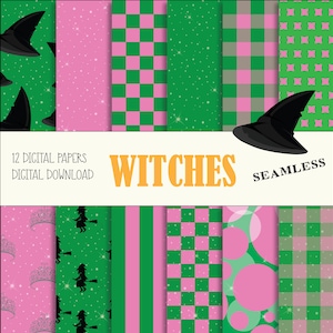 Könnte beinhalten: Zwölf digitale Papiere mit einem Hexen-Thema. Die Papiere zeigen verschiedene Muster, darunter Punkte, Karos und Sterne. Die Papiere sind in den Farben Pink und Grün. Der Text "WITCHES SEAMLESS" ist auf dem Bild zu sehen.