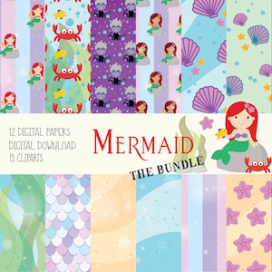 Mermaid The Bundle / 12 digital papers + 13 cliparts / digital download / PNG /
