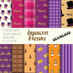 Puede incluir: Doce papeles digitales con una variedad de patrones inspirados en la película "Charlie y la Fábrica de Chocolate". Los patrones incluyen barras de chocolate, gotas de chocolate, boletos Wonka, Oompa Loompas y más. Los papeles miden 30,5 cm por 30,5 cm y 300 DPI.