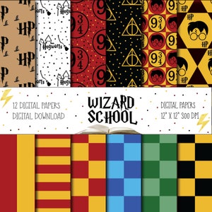 May include: A collection of digital papers with wizarding school motifs. Designs include repeating patterns with lightning bolts, the Hogwarts crest, and the number 9 3/4. The text "WIZARD SCHOOL" and "12 DIGITAL PAPERS DIGITAL DOWNLOAD" are also visible.