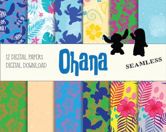 May include: A set of 12 digital papers with a Hawaiian theme. The designs include blue cartoon character silhouettes, tropical flowers, and the word "Ohana". The phrase "Ohana Means Family" is also visible.