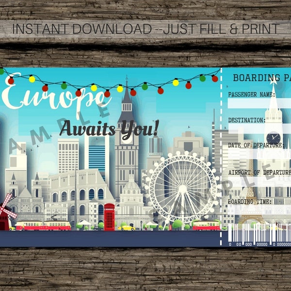 Surprise EUROPE Trip Ticket - Printable Europe Boarding Pass Instant Download Surprise Trip ticket to Europe