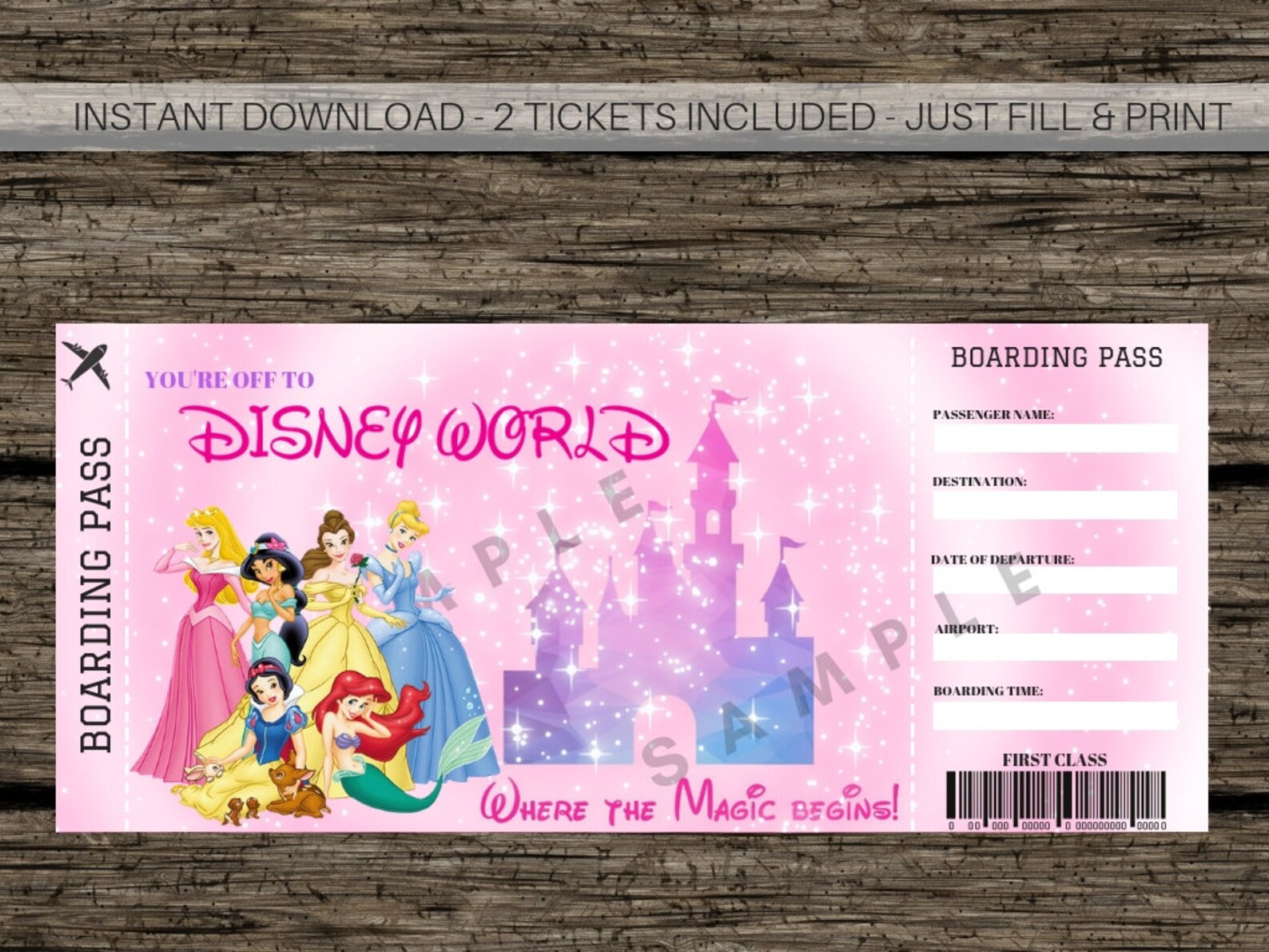 DISNEYWORLD Boarding Pass Gift Ticket Disney Princess Etsy