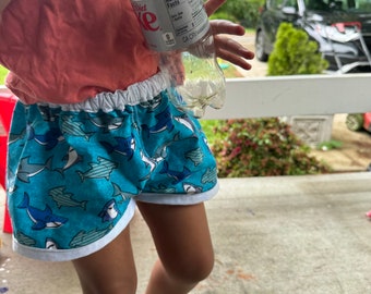 Handmade toddler shark shorts. Perfect for summer, gender neutral, all cotton, breathable, handmade in USA