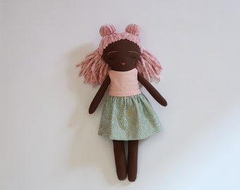 Black Cloth Doll | Doll Play Set | Small Handmade Doll | Soft Doll | Pink Hair Doll | Doll and Dress | Doll Accessory | Fabric Toy