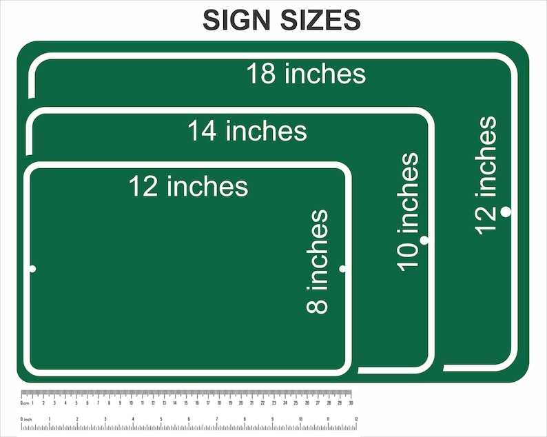 May include: Three green rectangular signs with white borders and white text. The signs are nested inside each other, with the largest sign measuring 18 inches by 12 inches, the middle sign measuring 14 inches by 10 inches, and the smallest sign measuring 12 inches by 8 inches.