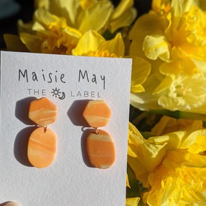Desert Sunset Oval Hex Stud Earrings - Orange Marble