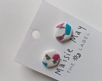 Terrazzo Hex Studs - Pink Blue White - Silver Plate Earrings