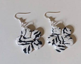 Zebra 70s Flower Drops - Black and White - Silver Plate Earrings