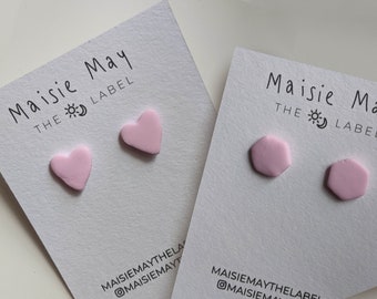 Pastel Pink Stud Earrings - Heart Hexagon