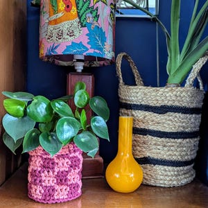 May include: A wooden shelf with three tiers, decorated with a plant in a pink crocheted pot, a yellow glass vase, and a plant in a woven basket with black stripes. The shelf is against a blue wall with a framed print of a woman in a long dress.