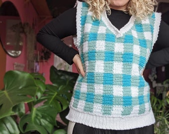 Gingham Crochet Handmade Vest - Blue White - Size M-L