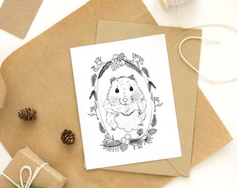 Hamster, christmas, wish card, winter, cookie, illustration, black and white, holidays, wishes, nature, animal, gift, animal lovers, pine