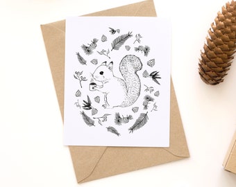 Squirrel, christmas, wish card, winter, illustration, black and white, holidays, wishes, evergreen, nature, animal, gift, animal lovers