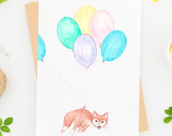 Carte de vœux, renard, ballons, anniversaire, fête, naissance, shower bébé, cadeau, illustration, ludique, enfant, bébé, souhaits