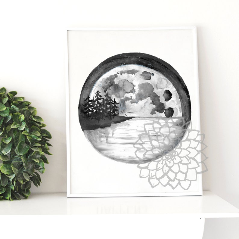 watercolor print black and white wall decor nature minimalist black ink lake Norwegian night gift Moon illustration landscape