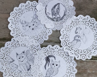 Doilies, wall decor, Christmas decor, winter, forest, animals, animal lovers, gift, evergreen, nature, black and white, ink, handmade