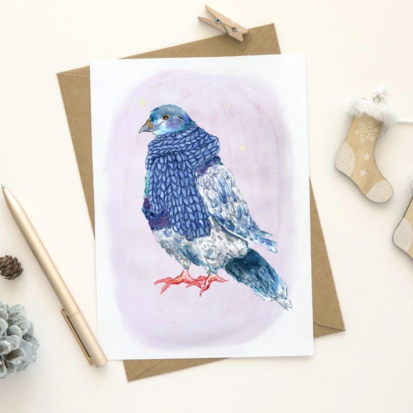 Pigeon, noël. carte de souhaits, hiver, nature, illustration, foulard, fêtes, animaux, cadeau noël, nouvel an, temps des fêtes, rose, bleu