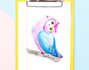 Owl, pink, blue, watercolor, limited, print, wall art, nursery decor, gift, baby shower, girl, boy, wall decor, illustration, birds, animals