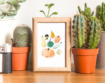 Pumpkins, squash, fall, botanical, illustration, print, wall decor, orange, yellow, green, watercolor, art, gift, wall art, kitchen, eco