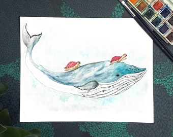 Whale, turtle, ocean, print, illustration, blue whale, sea, baby turtles, watercolor, wall decor, nursery decor, gift, kid, baby, boy, girl