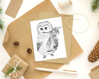 Owl, christmas, wish card, winter, illustration, black and white, holidays, wishes, nature, animal, gift, scarf, animal lovers, new year