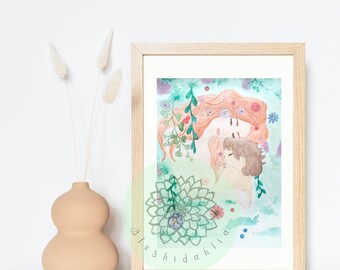 Mother child, print, Klimt, homage, watercolor, nursing, spring, flowers, nature, home decor, wall decor, illustration, gift, nursery