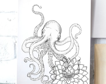 Octopus, illustration, print, black and white, ink, watercolor, wall decor, marine life, undersea, room decor, vintage, gift