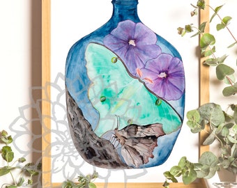 Dame Jeanne bottle, hibiscus, butterfly, botanical illustration, print, nature, wall decor, purple, blue, green, insects, gift, nature lover