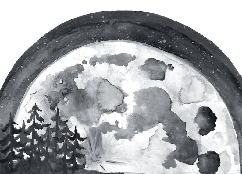 watercolor print black and white wall decor nature minimalist black ink lake Norwegian night gift Moon illustration landscape