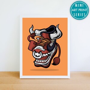May include: A digital illustration of a red, white, and black sneaker with a bull's head design. The sneaker has a large, toothy mouth and horns. The background is orange.