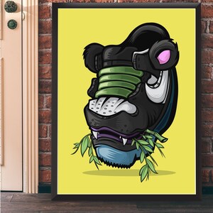 May include: A black and green cartoon illustration of a bear's head wearing a sneaker with a green tongue and pink ears. The bear's mouth is open and it is biting into a green plant.