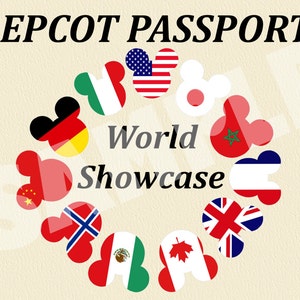 May include: A passport for the Epcot World Showcase at Walt Disney World. The passport features a circle of Mickey Mouse heads with flags from different countries around the world.