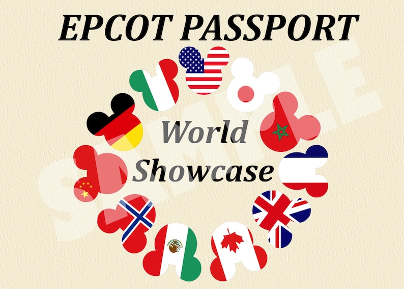 May include: A passport for the Epcot World Showcase at Walt Disney World. The passport features a circle of Mickey Mouse heads with flags from different countries around the world.