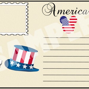 May include: A postcard with the word "America" in cursive script. The postcard features a red, white, and blue Mickey Mouse head with the American flag pattern. The postcard also features a black and white illustration of the Statue of Liberty and a red, white, and blue top hat with stars.
