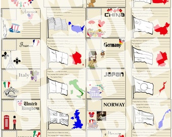 May include: A printable passport-style booklet for kids to learn about different countries. Each page features a country's flag, a small illustration, and space to write the country's name, language, and capital city.
