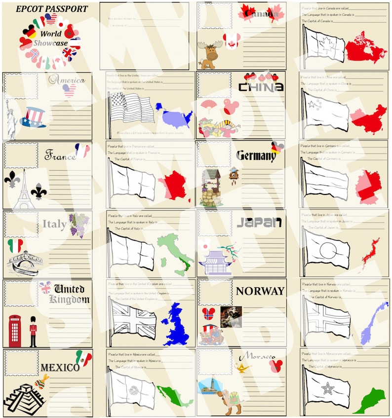May include: A printable passport-style booklet for kids to learn about different countries. Each page features a country's flag, a small illustration, and space to write the country's name, language, and capital city.