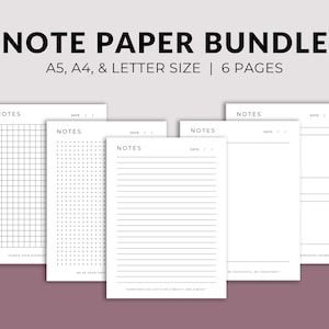 Peut inclure: Un ensemble de six pages de papier à lettres imprimables aux formats A5, A4 et lettre. Les pages présentent différents styles, notamment une grille, une grille de points et du papier ligné. Les pages sont conçues pour prendre des notes, tenir un journal ou faire des croquis.