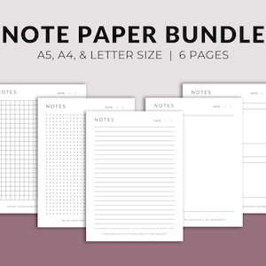 Printable Note Pages Digital Planner Paper Lined Dotted Graph Sheet PDF Student Notes Page Notebook Journal Sheets A5 A4 US Letter image 1