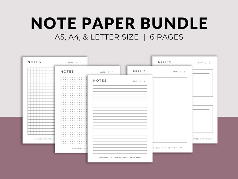Printable Note Pages Digital Planner Paper Lined Dotted Graph Sheet PDF Student Notes Page Notebook Journal Sheets A5 A4 US Letter image 1