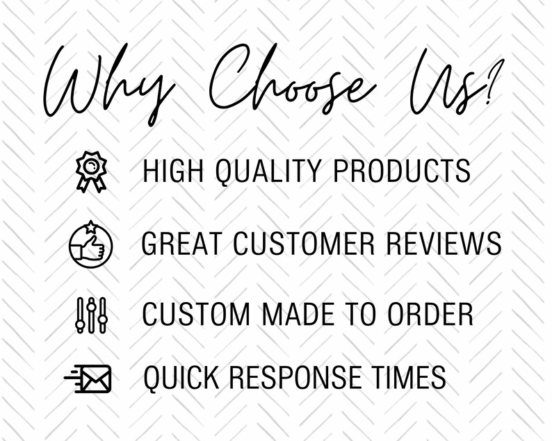 May include: Black and white graphic illustration of reasons to choose a business. The graphic includes icons for high quality products, great customer reviews, custom made to order, and quick response times.