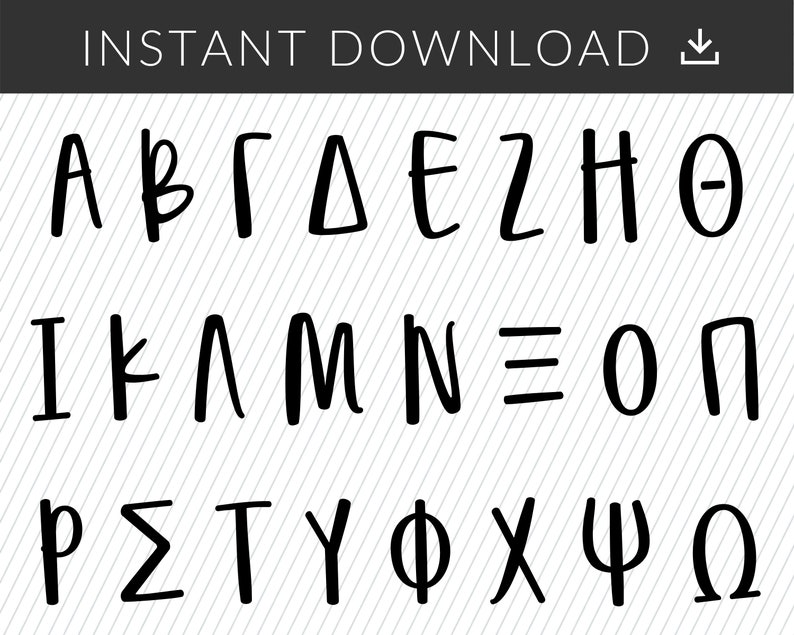 以下が含まれることがあります： 白黒の手書きのギリシャ文字アルファベット。文字は大文字で、シンプルでモダンなスタイルで書かれています。