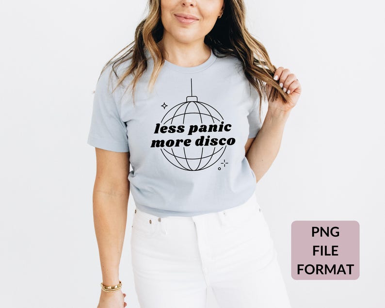 May include: A light blue t-shirt with a black and white graphic of a disco ball and the text "less panic more disco".